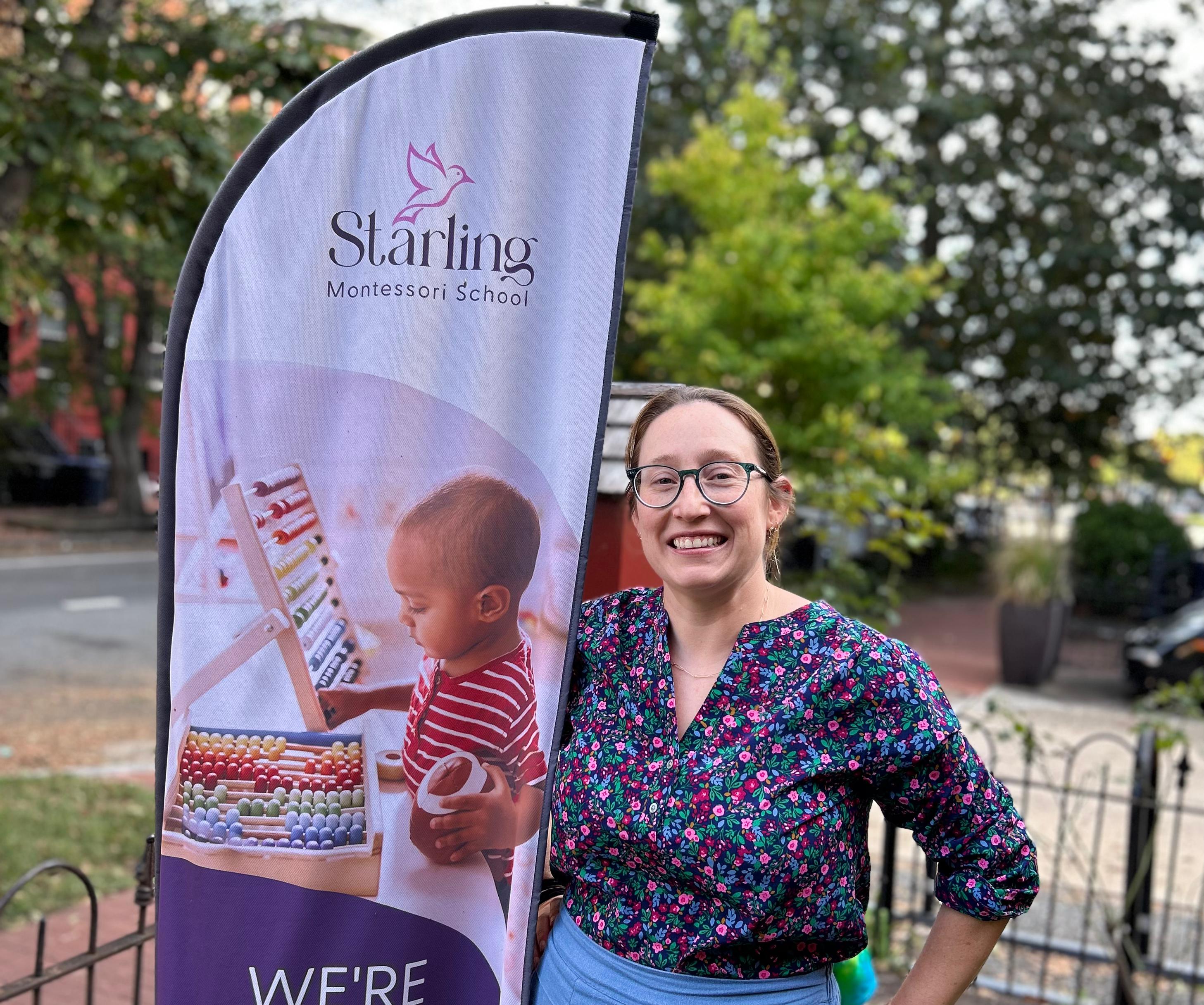Fabienne Deaton, founder of Starling Montessori, photographed beside the school's banner on Capitol Hill